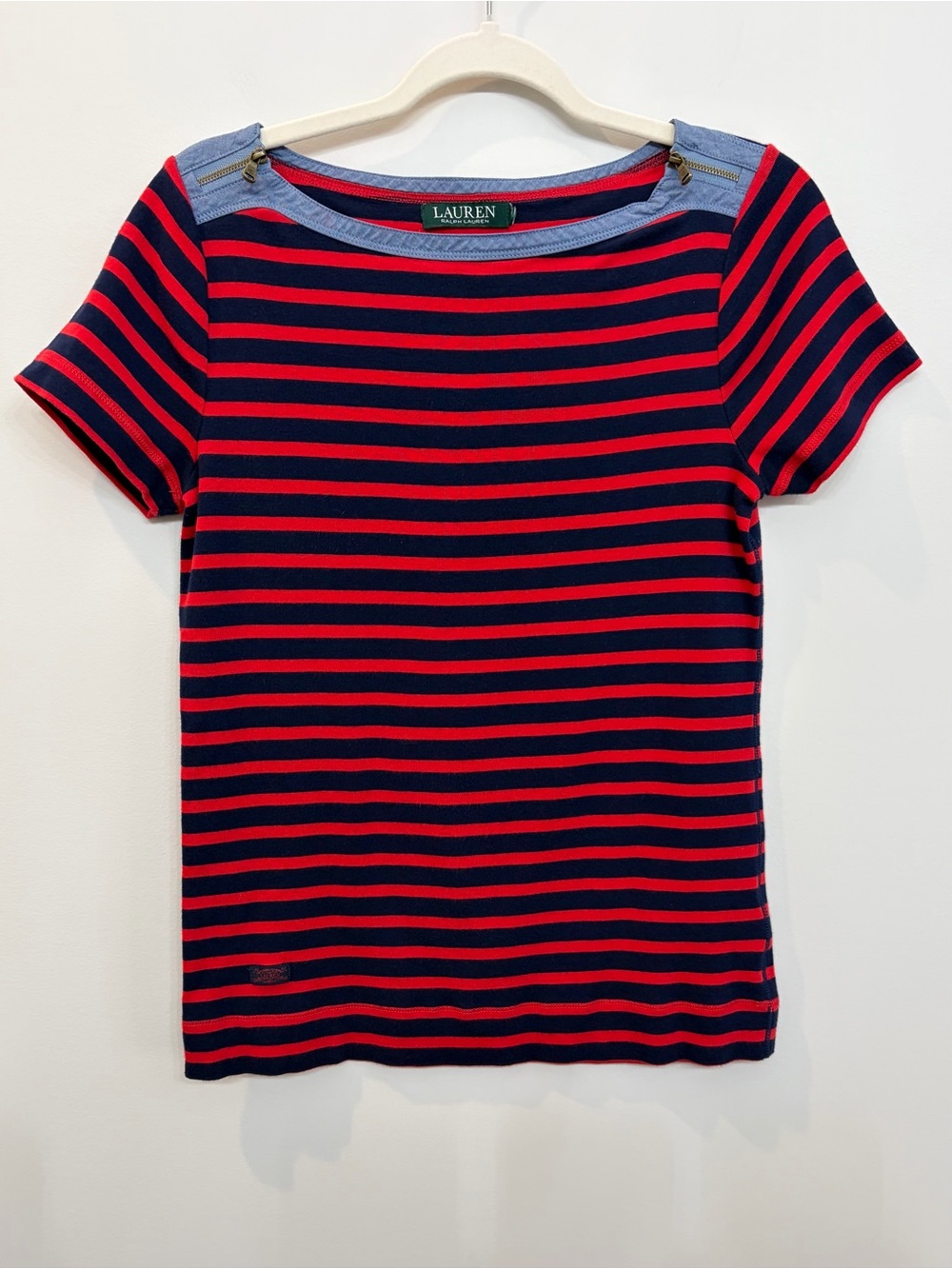 Lauren Ralph Lauren Cotton Red Blue Striped T-shirt Size M RN41381 Boatneck